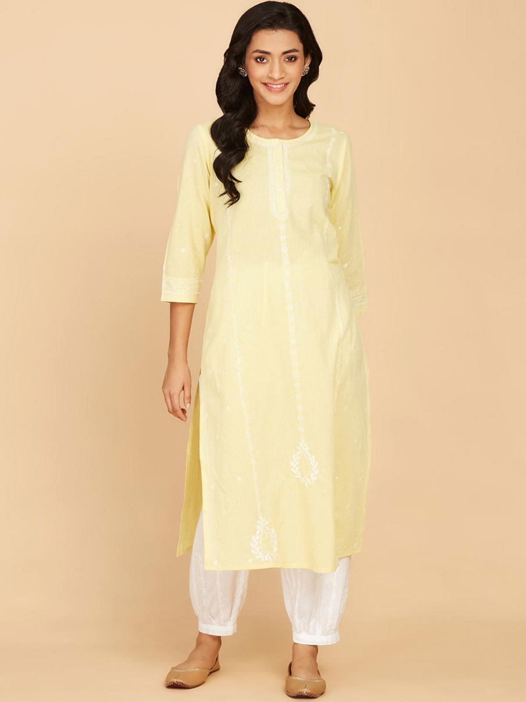 

Fabindia Ethnic Motifs Embroidered Cotton Kurta, Yellow