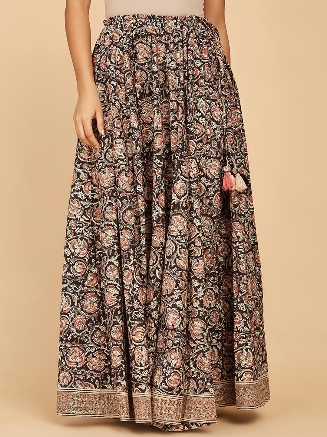 

Fabindia Floral Printed Cotton Flared Maxi Skirt, Black