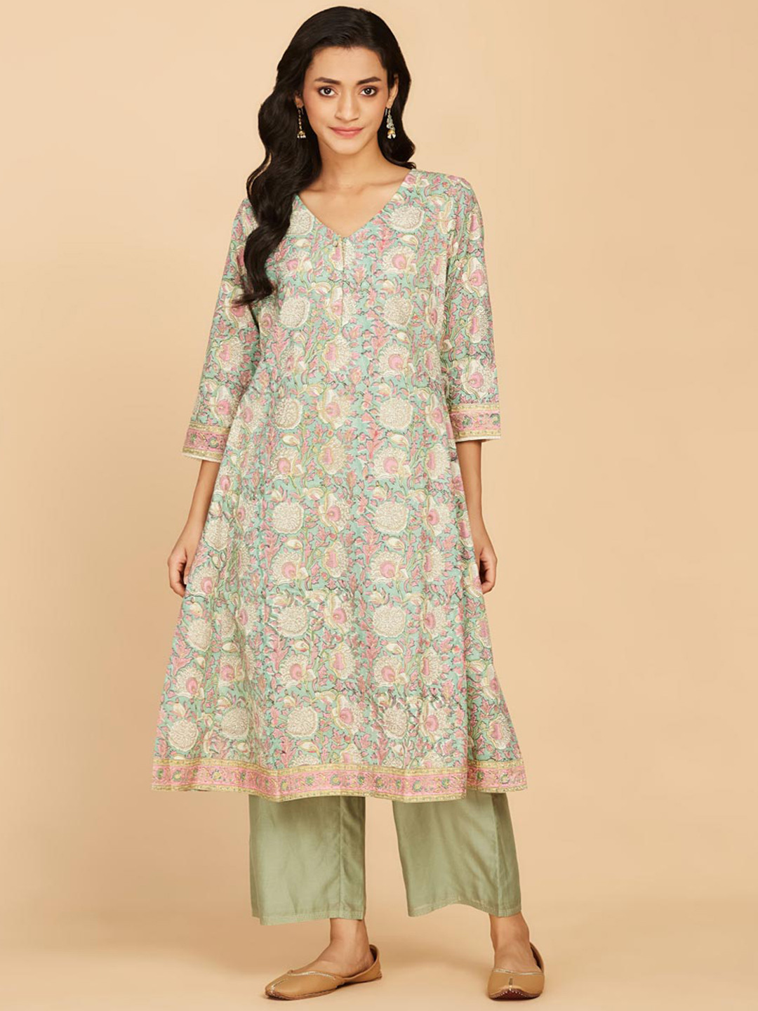 

Fabindia Floral Printed A-Line Cotton Kurta, Green