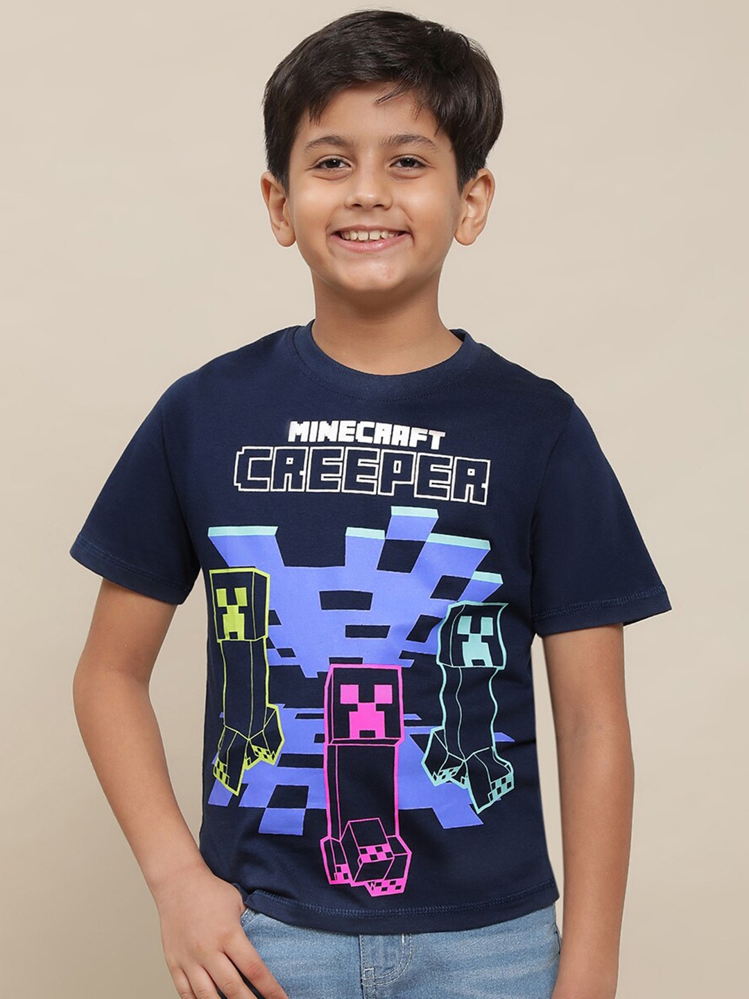 

Kids Ville Boys Minecraft Printed Pure Cotton Tshirt, Navy blue