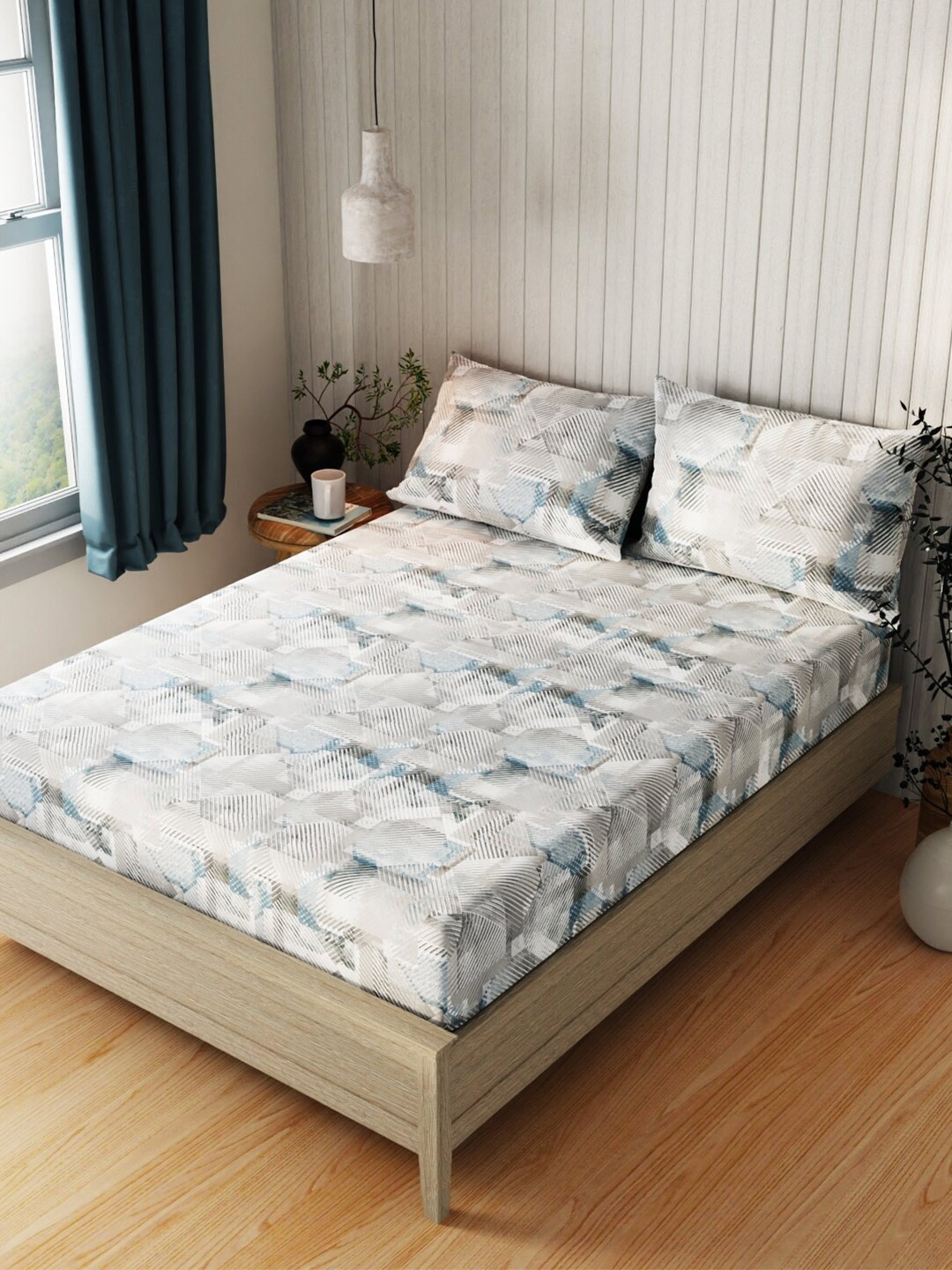 

KOPA Lopez Turquoise Blue & White Cotton 120 TC Queen Bedsheet With 2 Pillow Covers