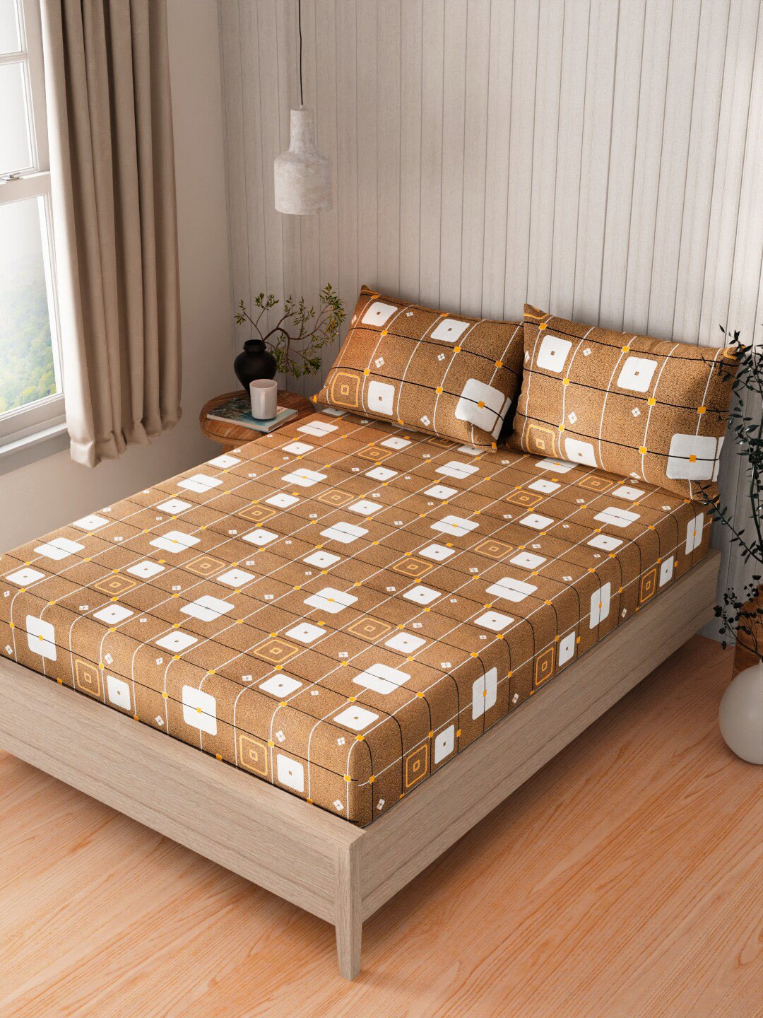 

KOPA Mustard Yellow Geometric Cotton 120 TC Queen Bedsheet with 2 Pillow Covers