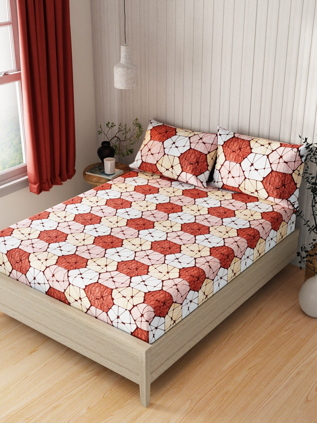 

KOPA White & Rust Red Geometric Cotton 120 TC Queen Bedsheet with 2 Pillow Covers