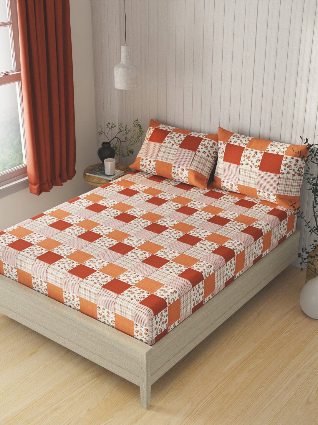 

KOPA Rust & White Geometric Cotton 120 TC Queen Bedsheet with 2 Pillow Covers