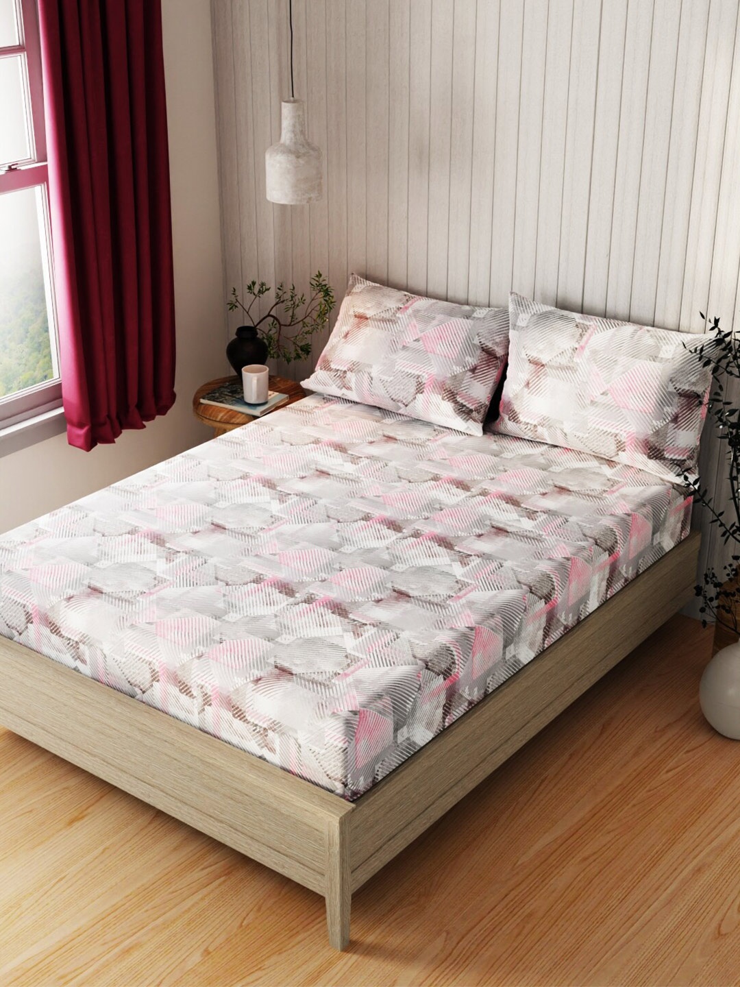 

KOPA White & Pink Cotton 120 TC Queen Bedsheet with 2 Pillow Covers