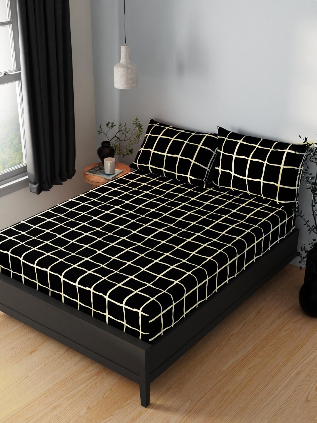 

BIANCA Black Geometric Cotton 120 TC Queen Bedsheet with 2 Pillow Covers