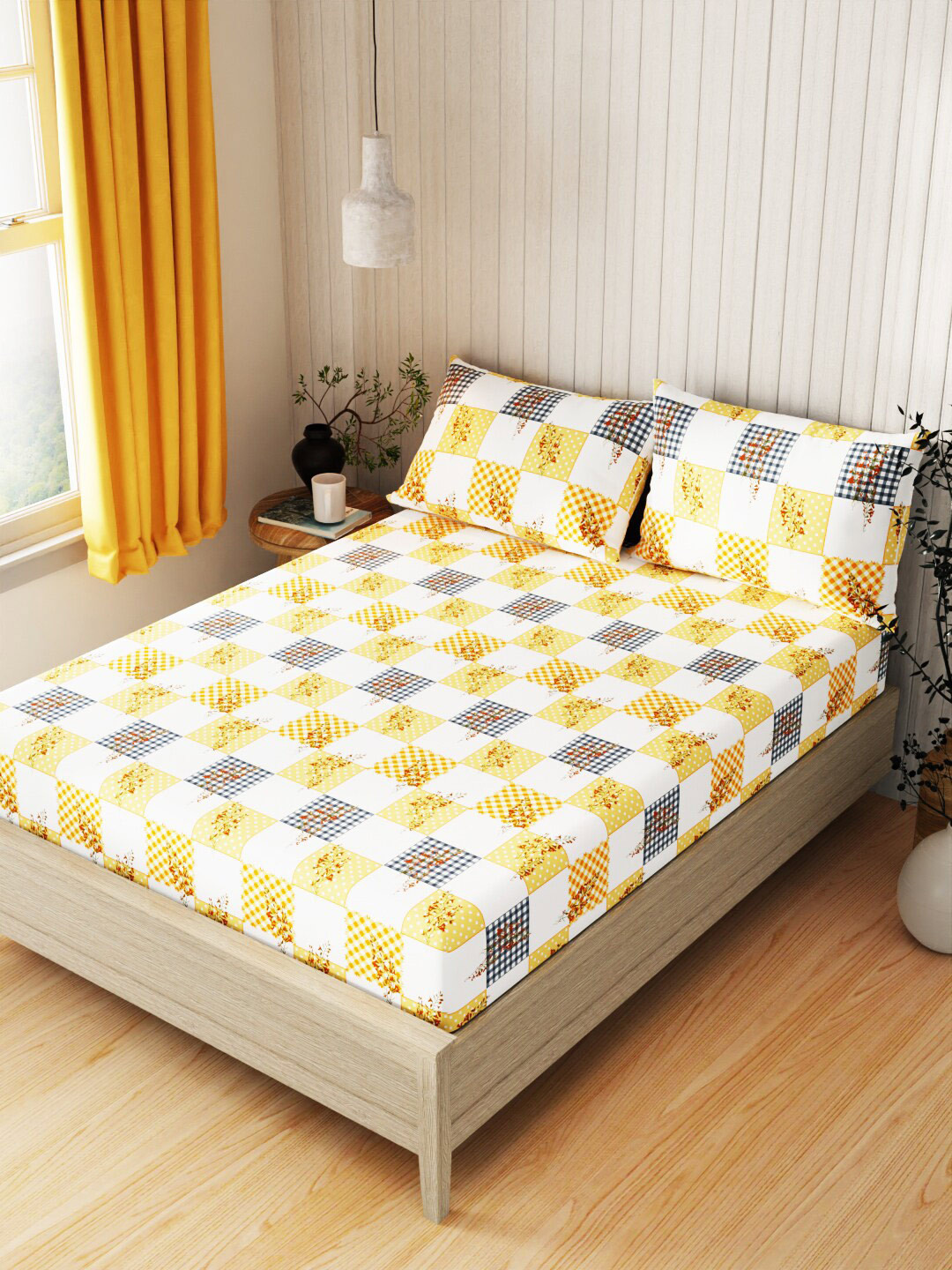

KOPA Yellow & White Geometric Cotton 120 TC Queen Bedsheet with 2 Pillow Covers