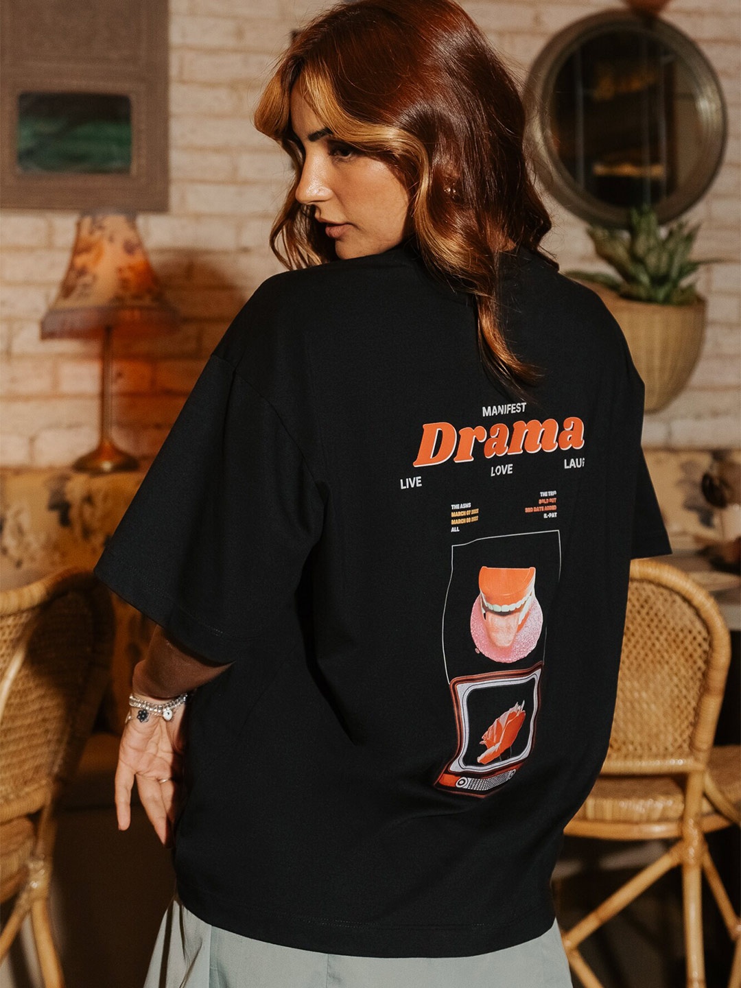 

FREAKINS Black Typography Printed Round Neck Cotton Oversized T-shirt