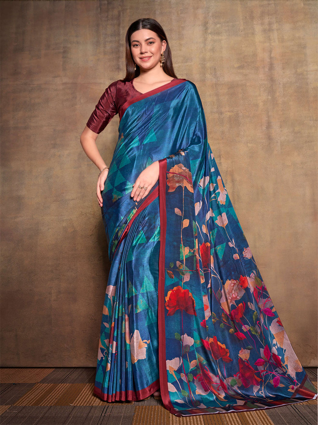 

Mitera Blue & Maroon Floral Printed Pure Silk Saree