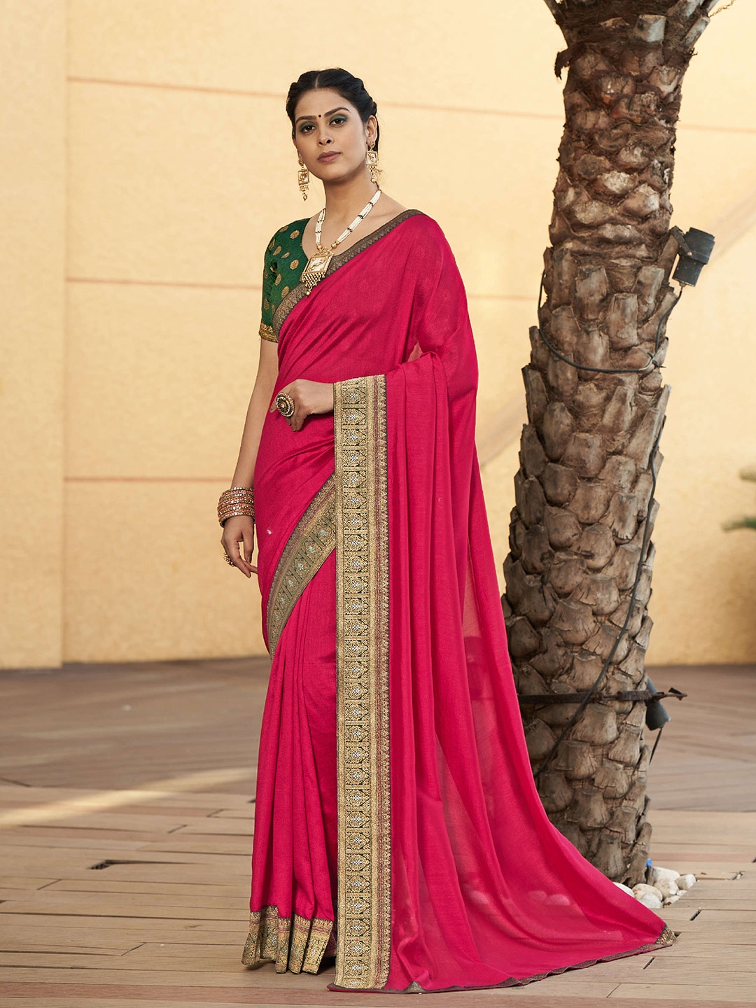 

Mitera Pink & Green Embroidered Pure Silk Saree