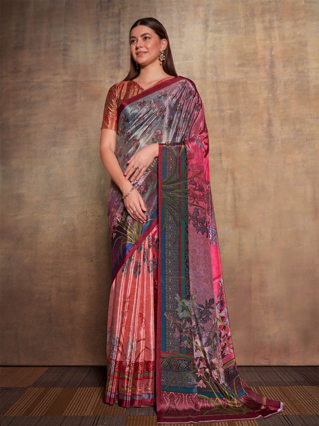 Mitera Orange & Brown Floral Printed Pure Silk Saree