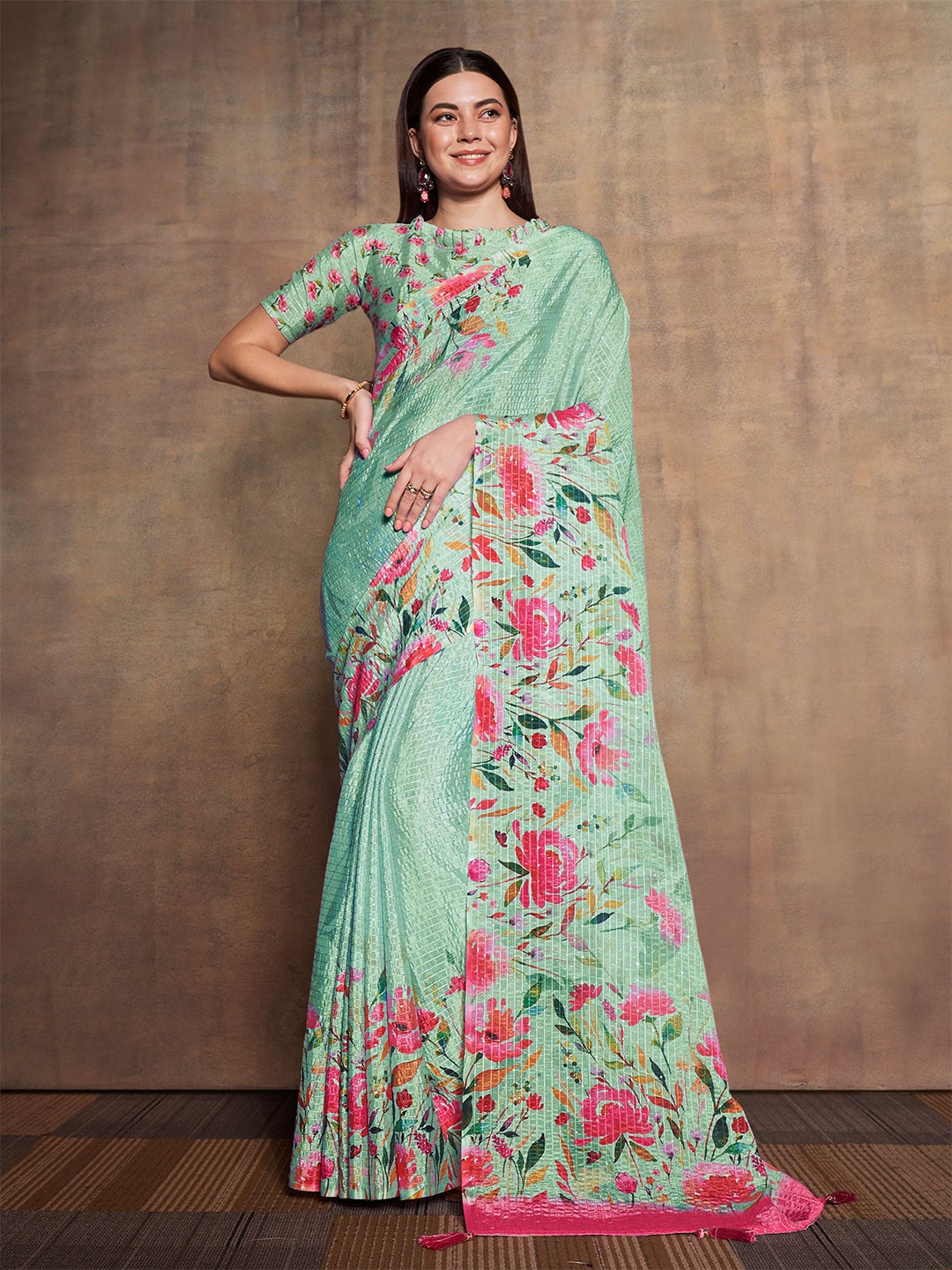

Mitera Floral Printed Pure Silk Saree, Teal