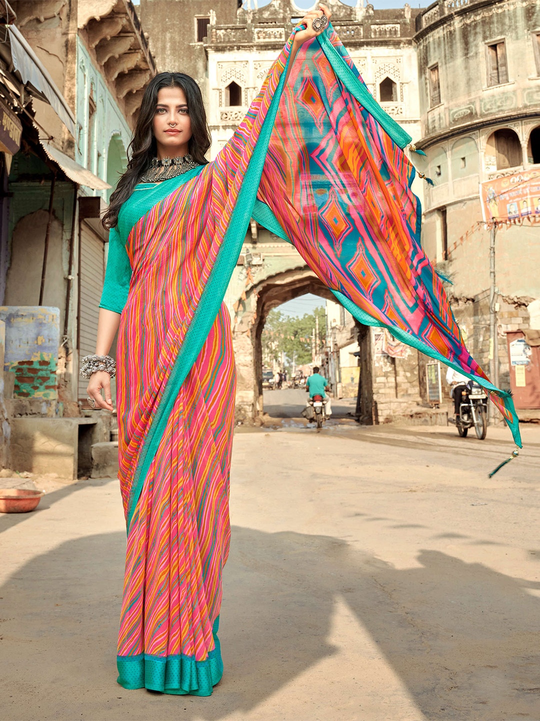 Mitera Pink & Yellow Striped Pure Chiffon Saree