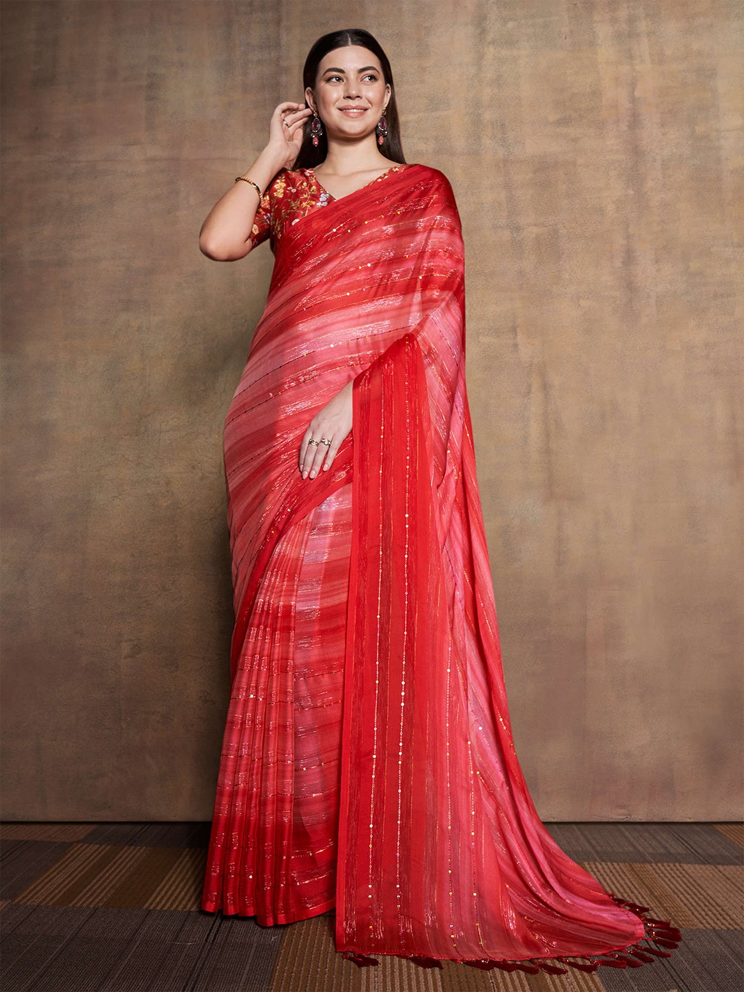 

Mitera Red & Peach-Coloured Embellished Sequinned Pure Chiffon Saree