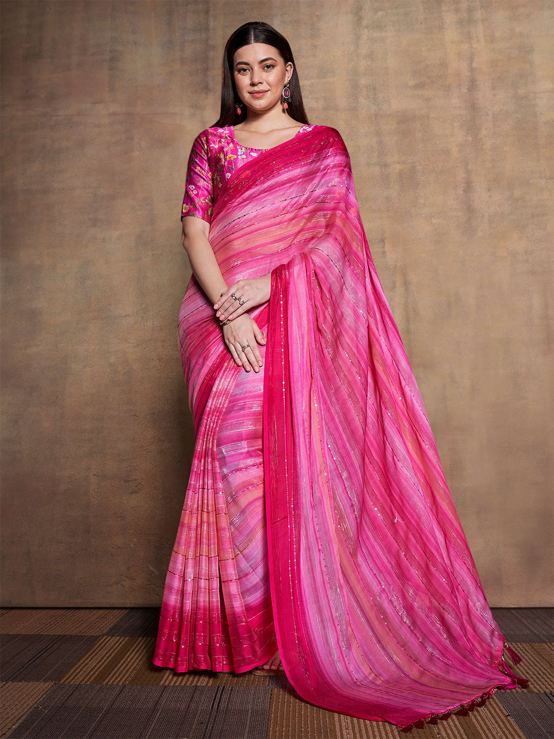 

Mitera Striped Sequinned Pure Chiffon Saree, Pink
