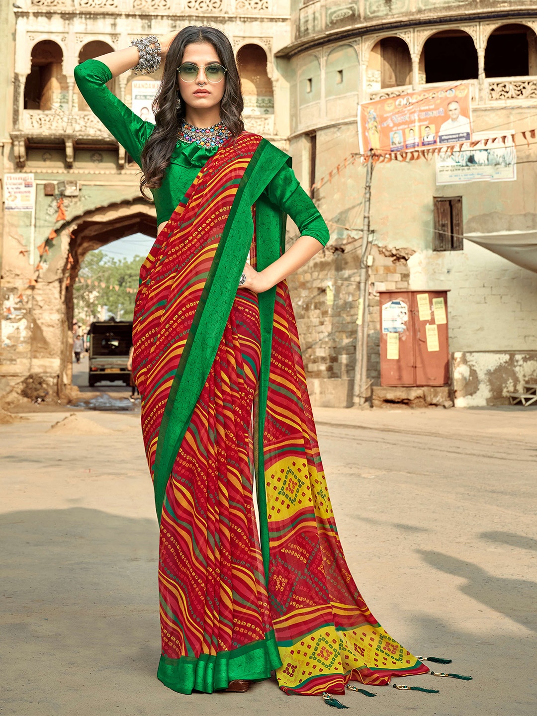 

Mitera Red & Green Leheriya Pure Chiffon Saree