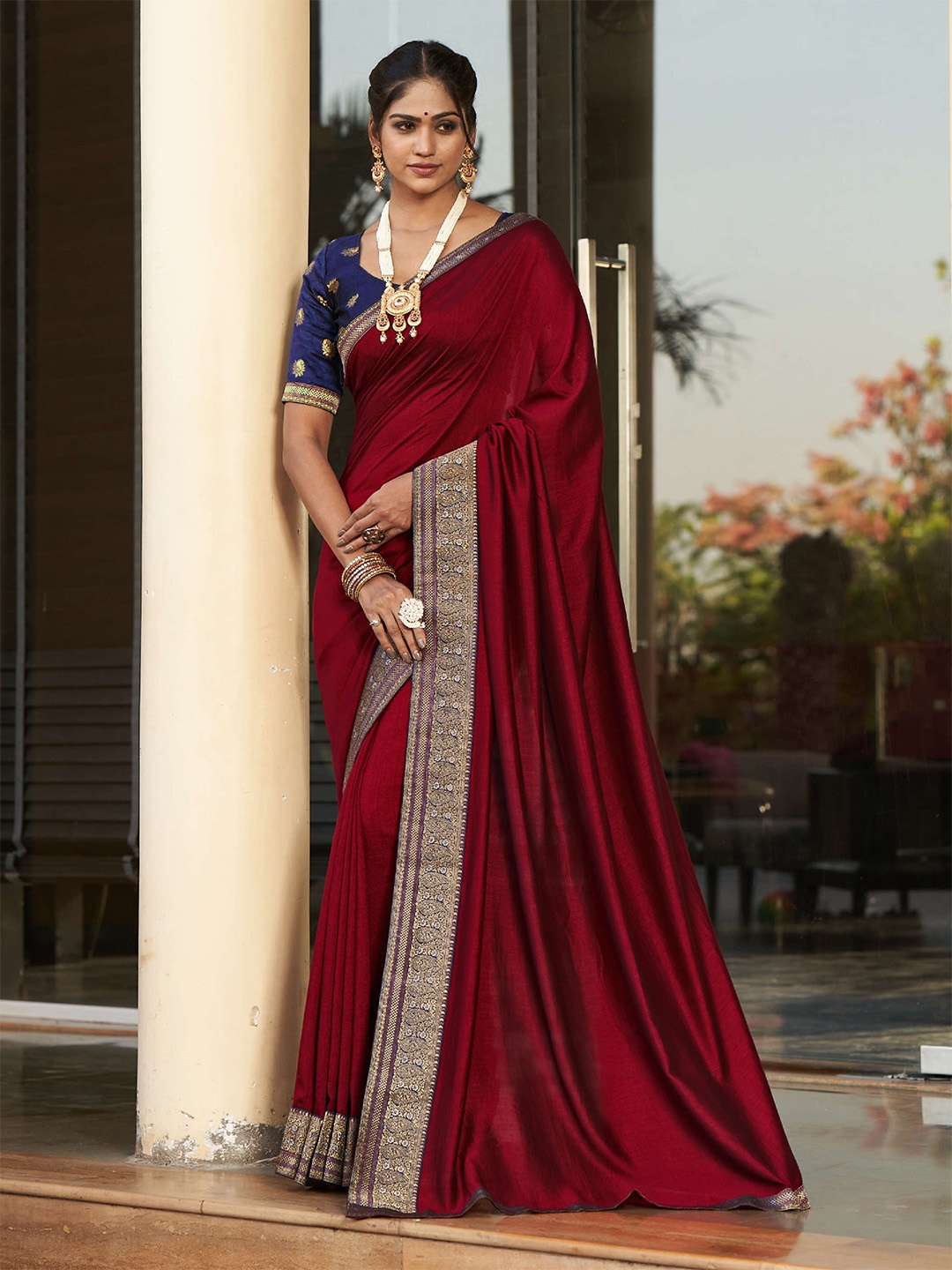

Mitera Maroon & Blue Zari Pure Silk Saree