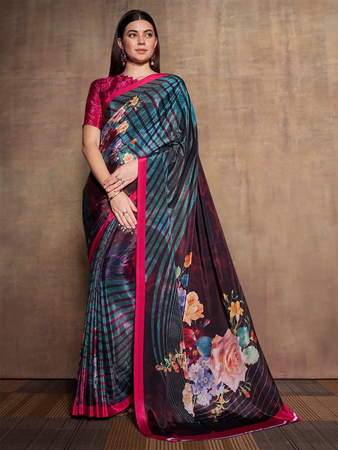 Mitera Purple & Pink Floral Pure Silk Saree