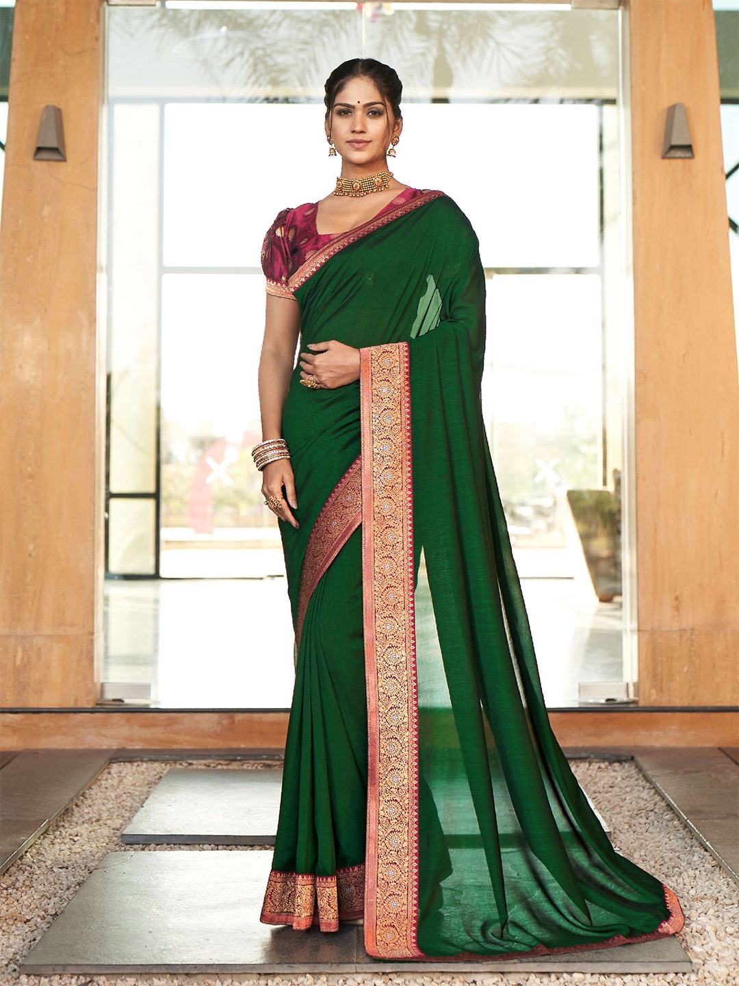 

Mitera Green & Maroon Zari Pure Silk Saree