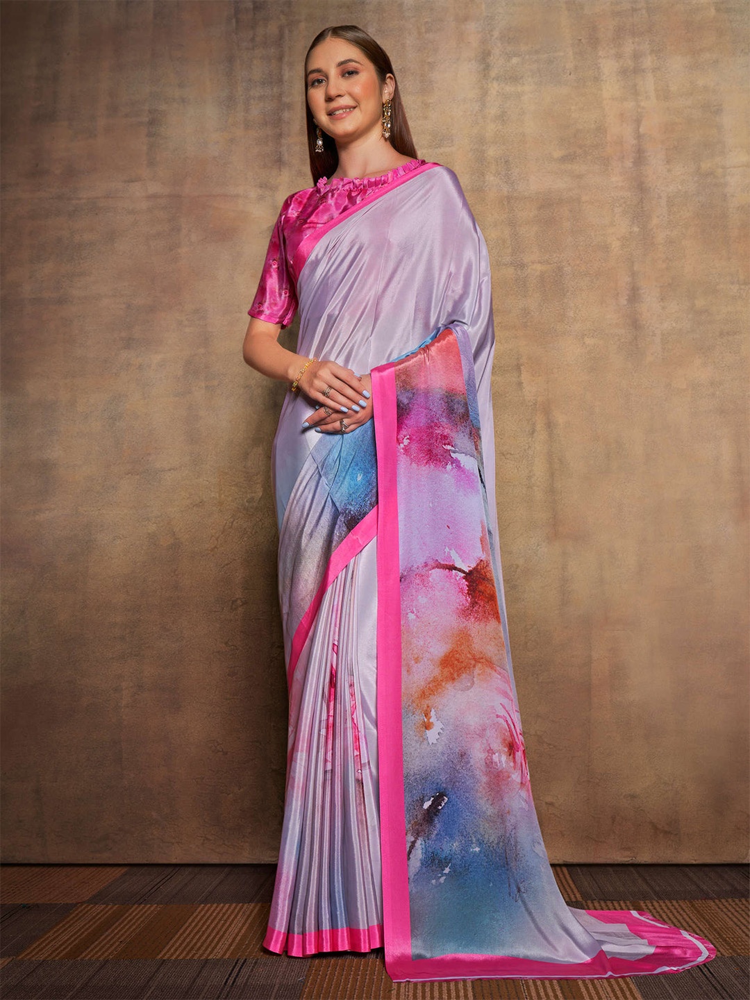 

Mitera Pink & Blue Floral Printed Pure Silk Saree