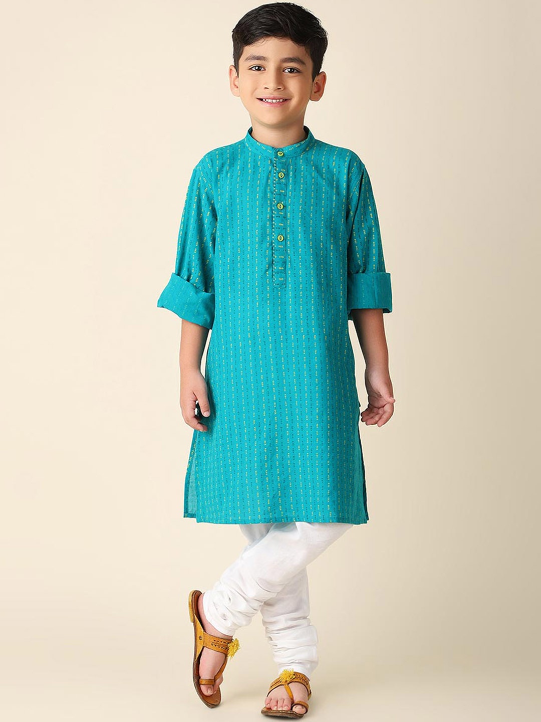 

Fabindia Boys Striped Cotton Mandarin Collar Kurta, Teal