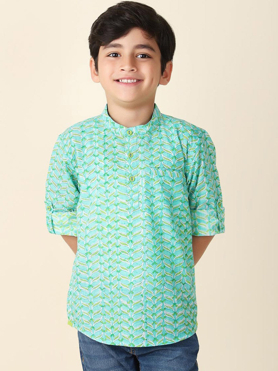 

Fabindia Boys Ethnic Motifs Mandarin Collar Cotton Kurta, Green