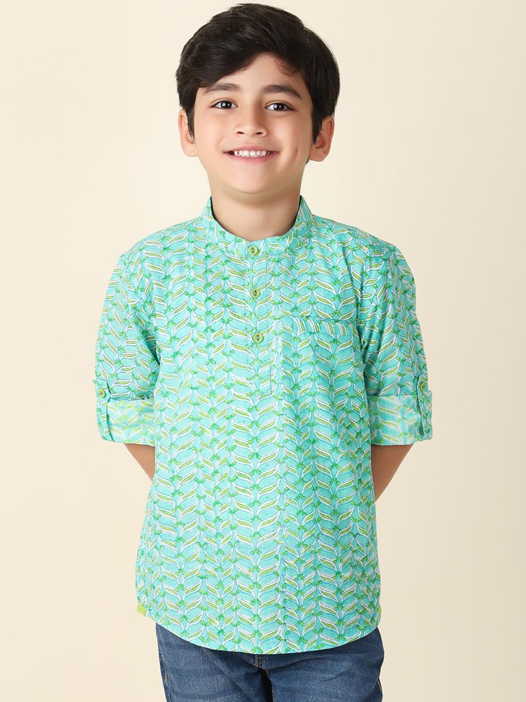 

Fabindia Boys Ethnic Motifs Mandarin Collar Cotton Kurta, Green
