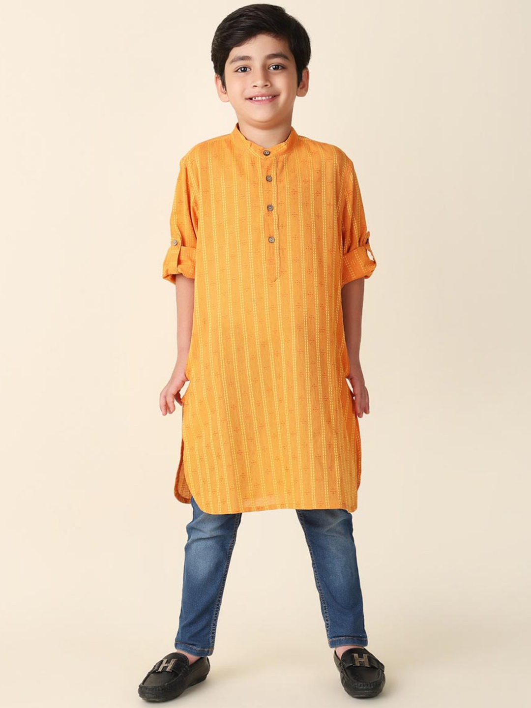 

Fabindia Boys Geometric Embroidered Cotton Kurta, Orange