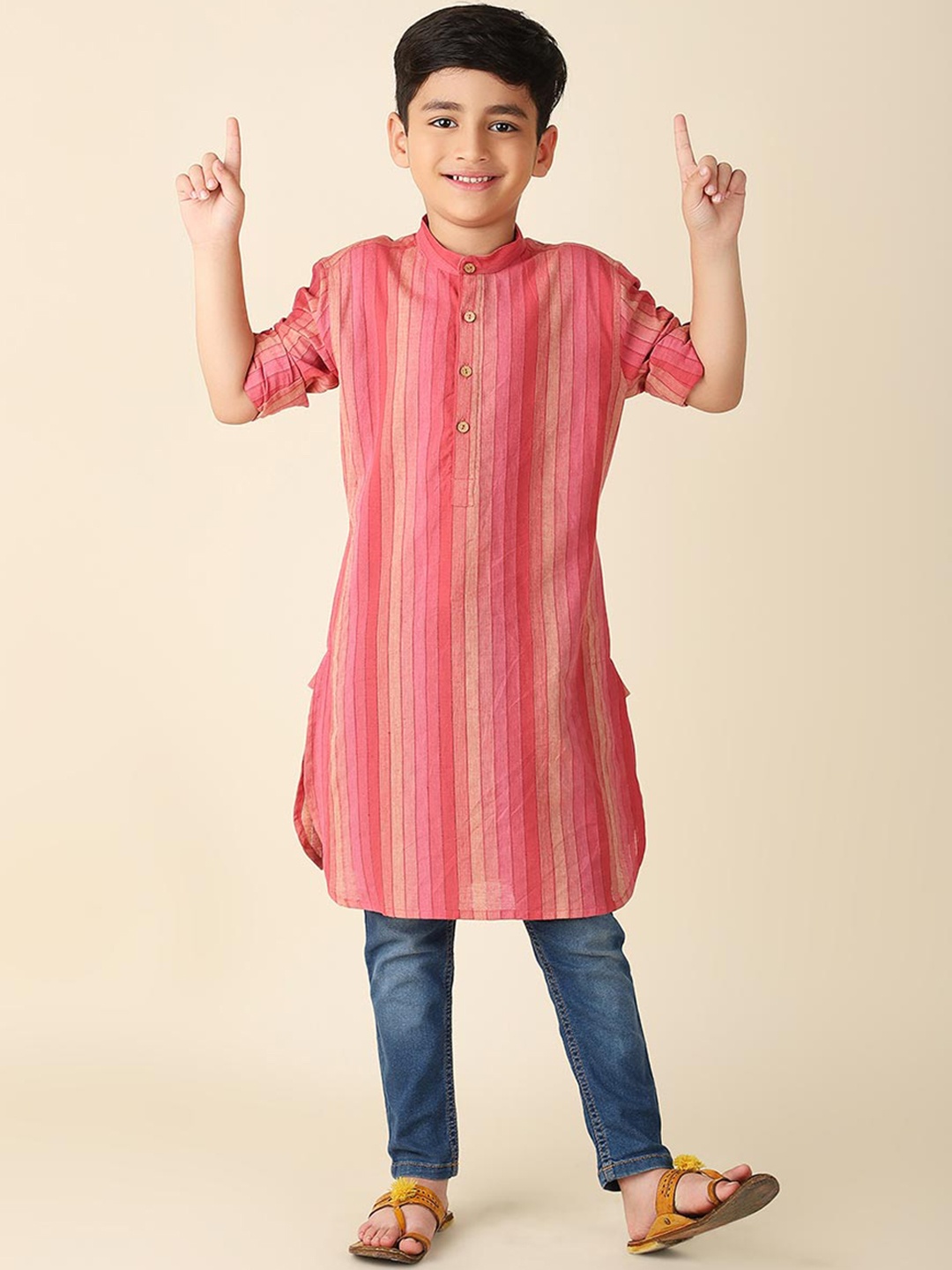 

Fabindia Boys Striped Mandarin Collar Cotton Straight Kurta, Pink