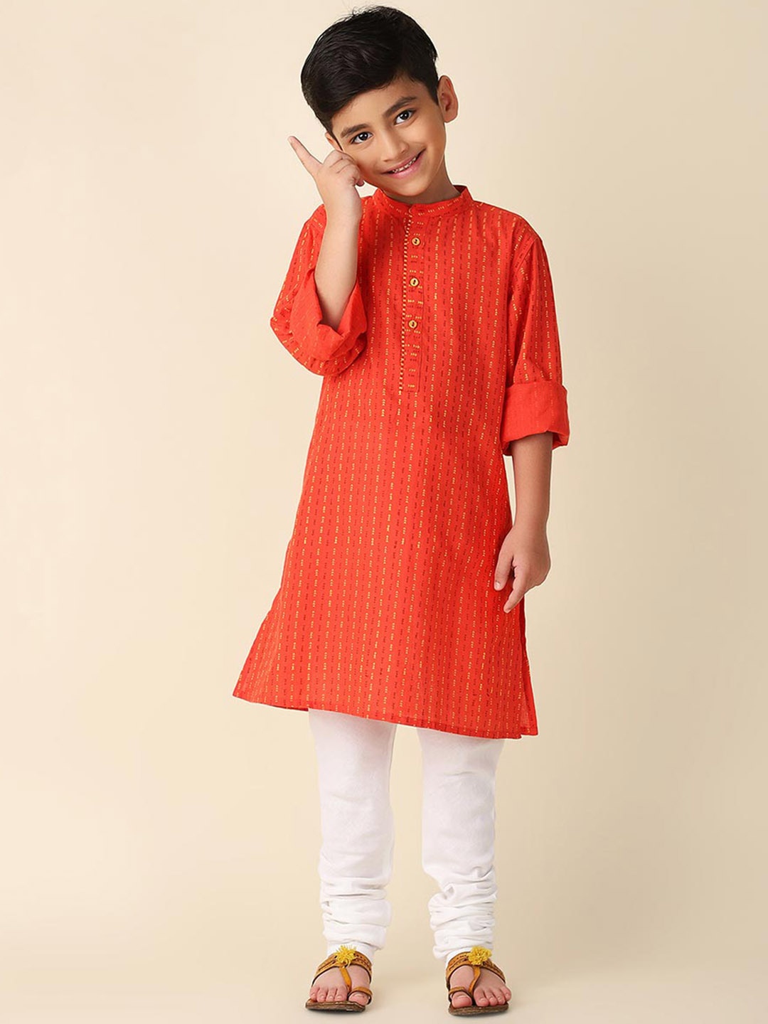 

Fabindia Boys Geometric Printed Mandarin Collar Cotton Straight Kurta, Red