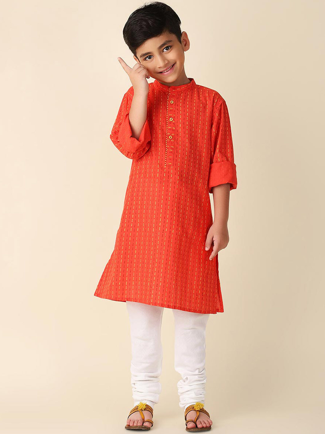 

Fabindia Boys Geometric Printed Mandarin Collar Cotton Straight Kurta, Red