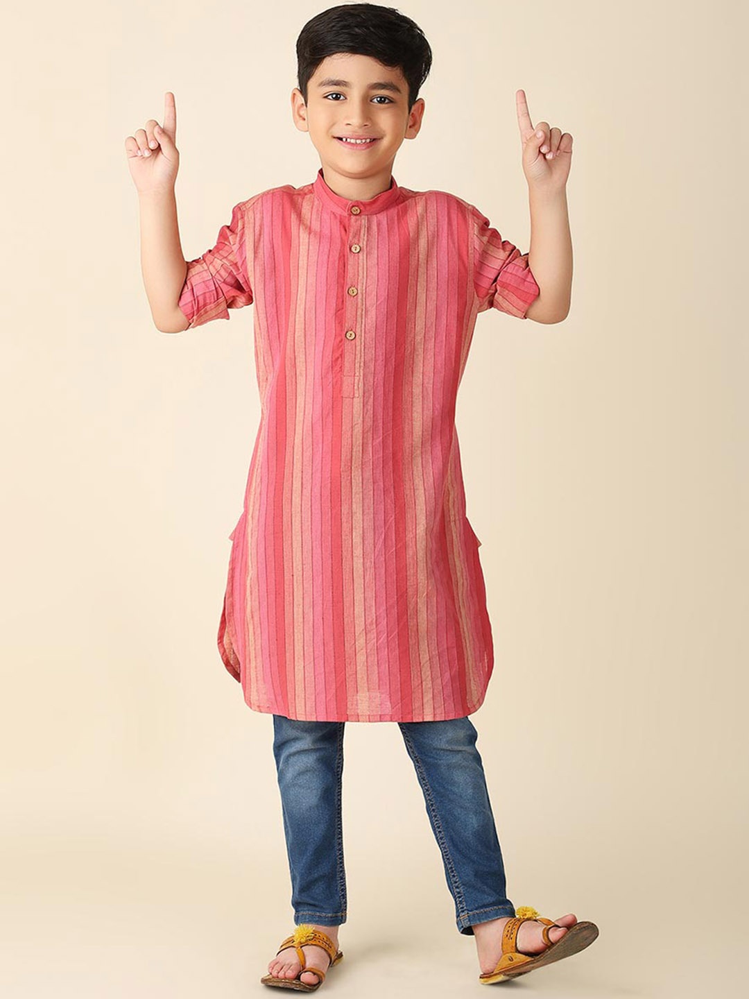 

Fabindia Boys Striped Mandarin Collar Cotton Straight Kurta, Pink