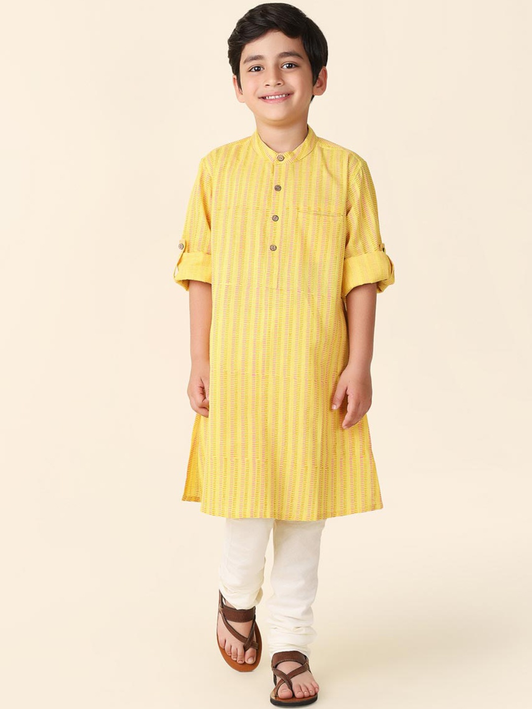 

Fabindia Boys Striped Printed Cotton Kurta, Yellow