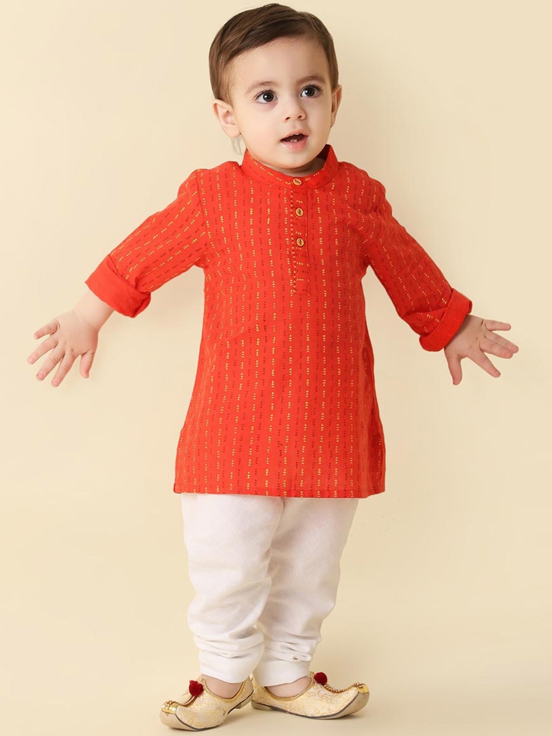 

Fabindia Infant Boys Geometric Printed Mandarin Collar Cotton Straight Kurta, Orange