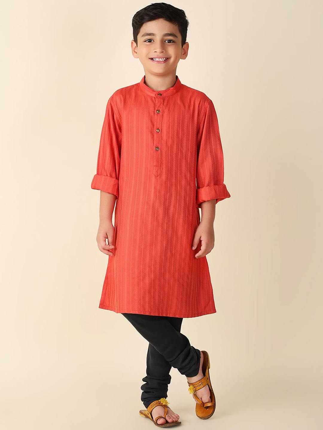

Fabindia Boys Striped Mandarin Collar Straight Kurta, Red