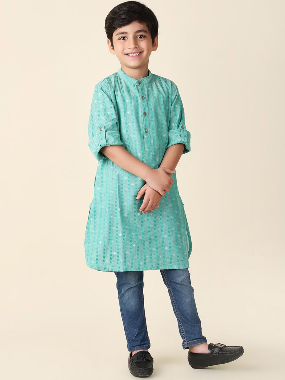 

Fabindia Boys Striped Woven Design Mandarin Collar Cotton Straight Kurta, Green