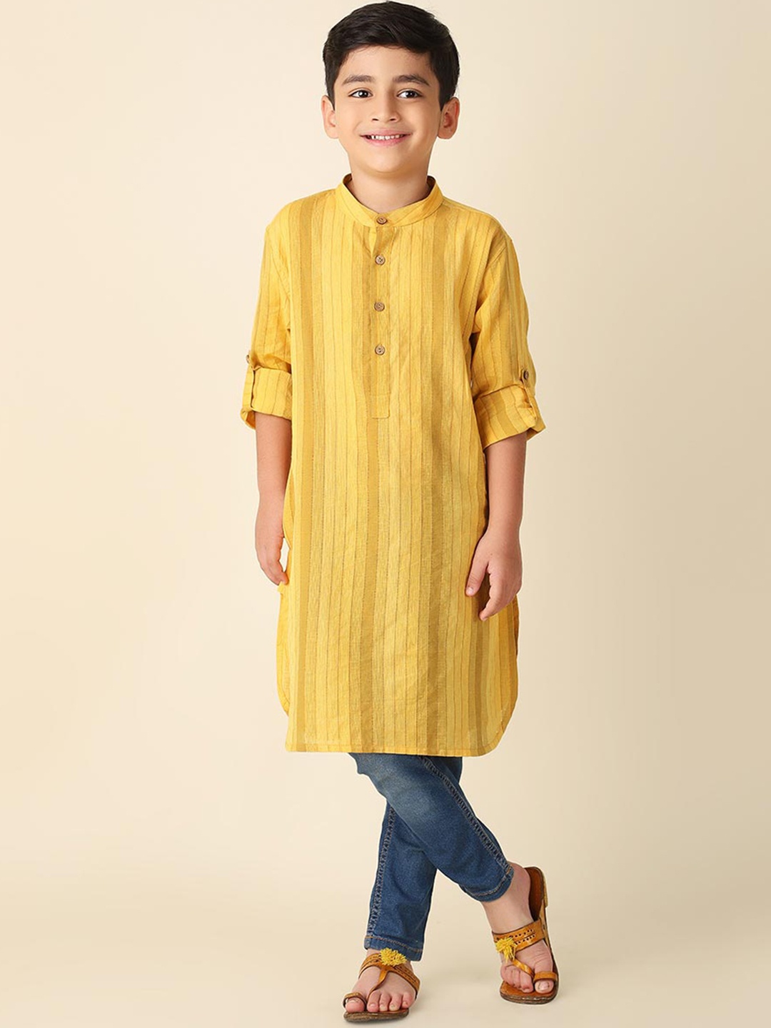 

Fabindia Boys Striped Mandarin Collar Cotton Straight Kurta, Yellow