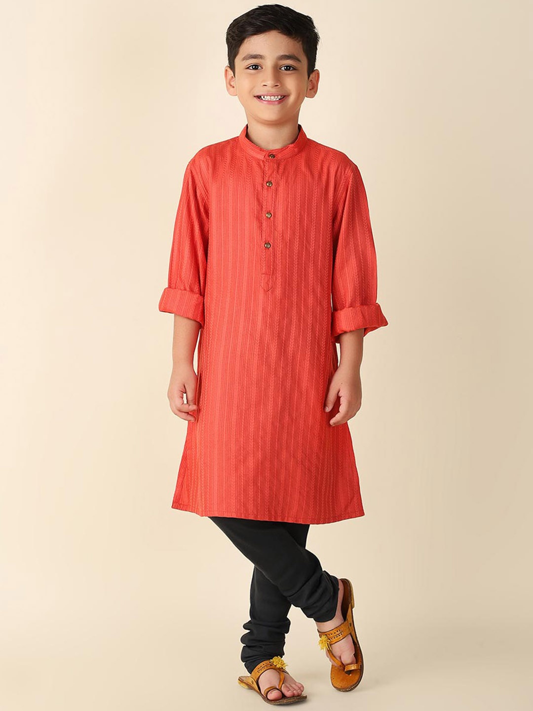 

Fabindia Boys Striped Mandarin Collar Straight Kurta, Red
