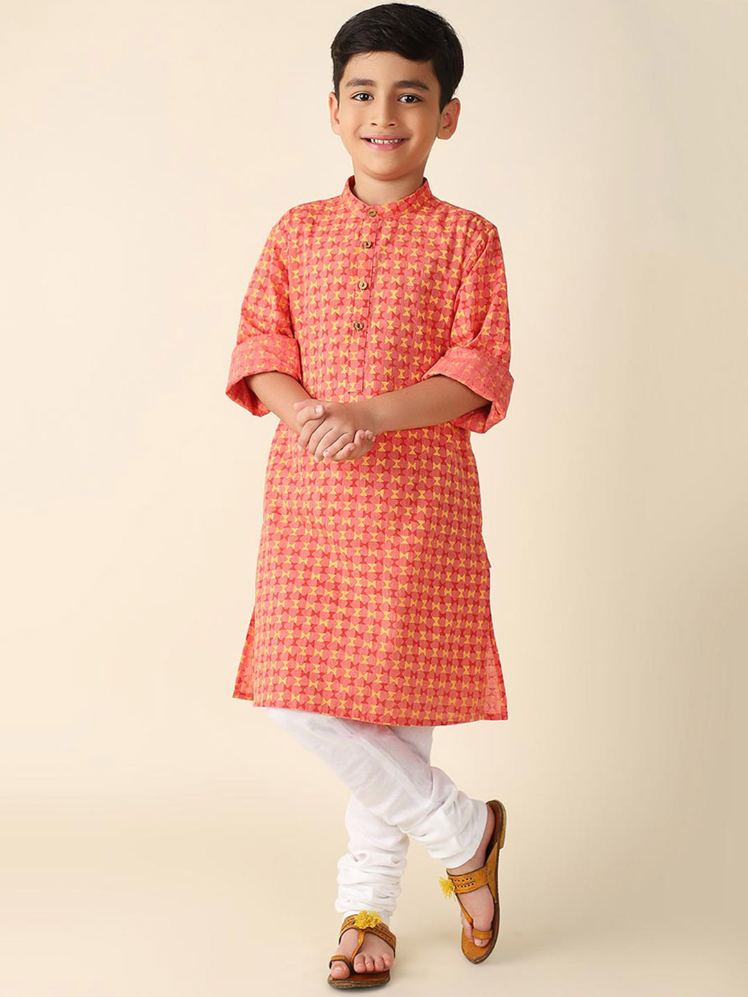 

Fabindia Boys Geometric Printed Mandarin Collar Cotton Straight Kurta, Coral