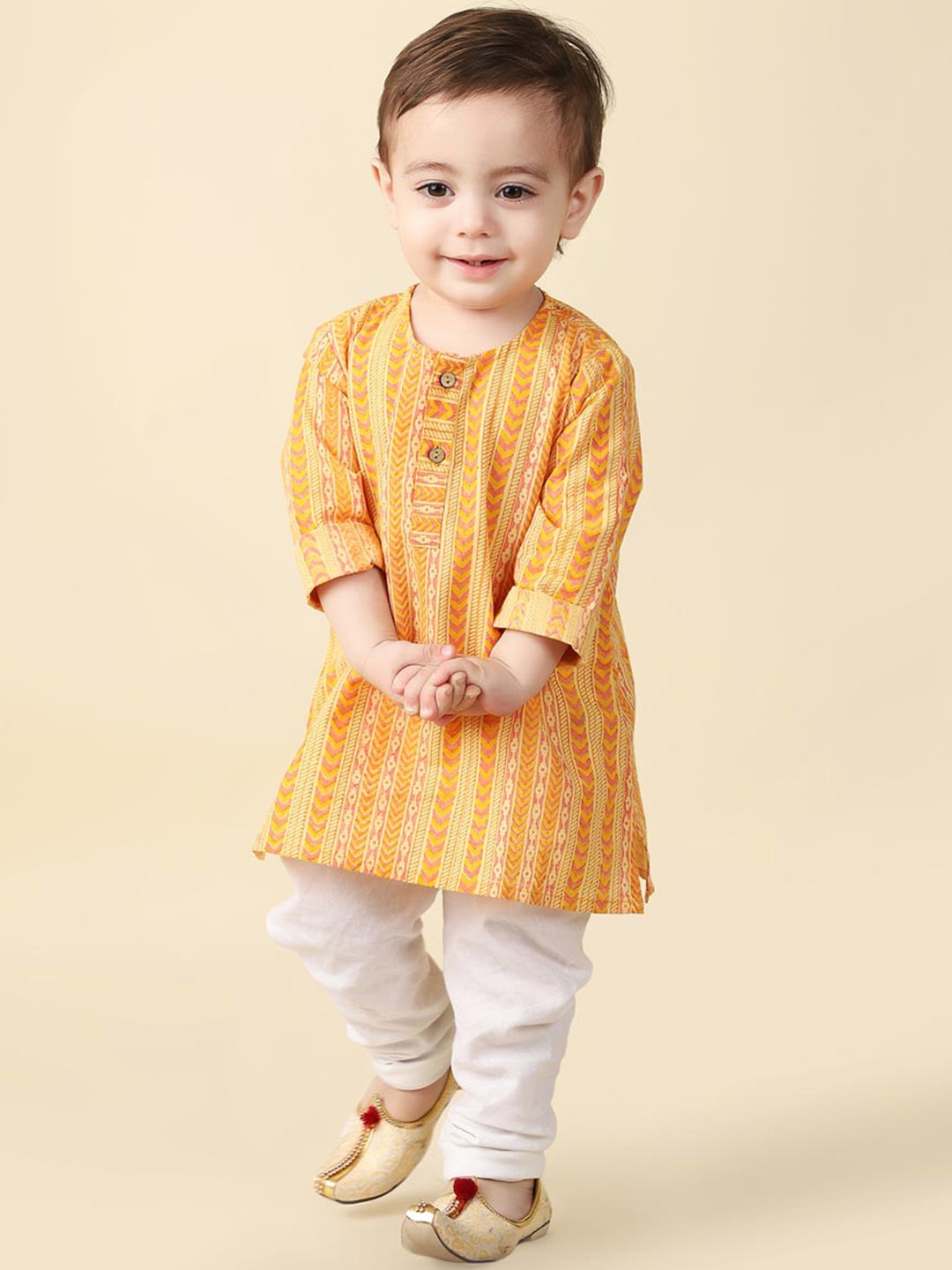 

Fabindia Infant Boys Geometric Printed Mandarin Collar Cotton Straight Kurta, Orange