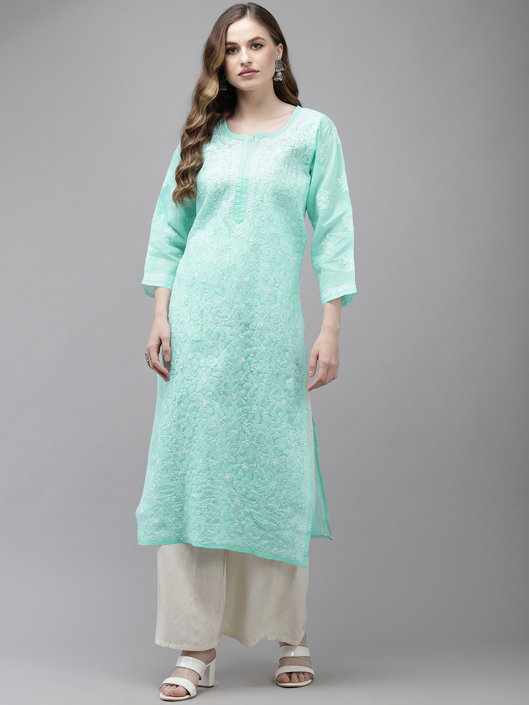 

ADA Embroidered Thread Work Cotton Chikankari Kurta, Sea green