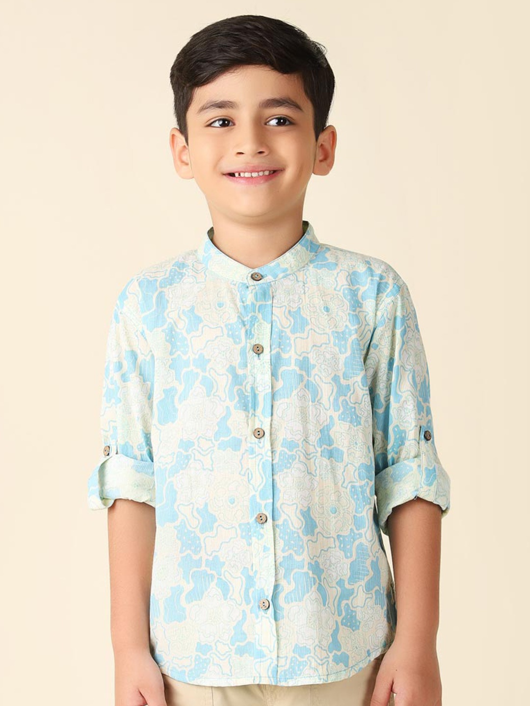 

Fabindia Boys Floral Printed Band Collar Cotton Casual Shirt, Blue