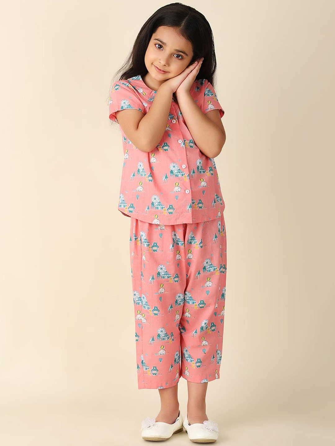 

Fabindia Girls Conversational Printed Cotton Night suit, Pink
