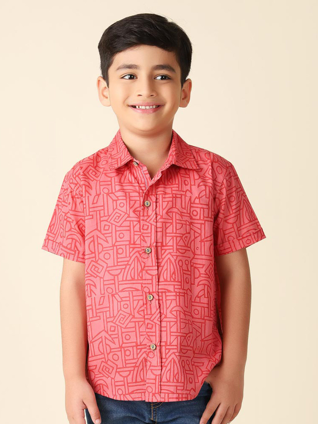 

Fabindia Boys Geometric Printed Cotton Casual Shirt, Red