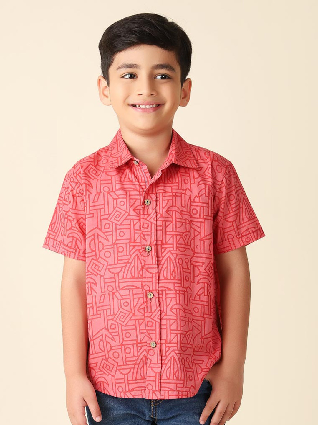 

Fabindia Boys Geometric Printed Cotton Casual Shirt, Red