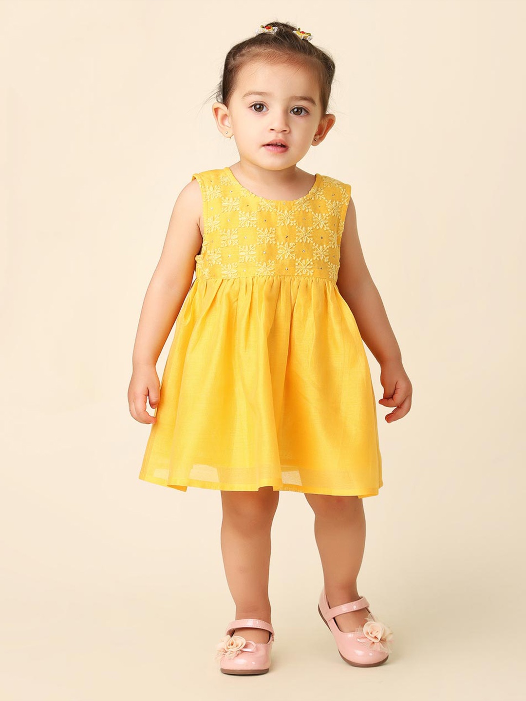 

Fabindia Infant Girls Floral Embroidered Gathered Fit & Flare Dress, Yellow