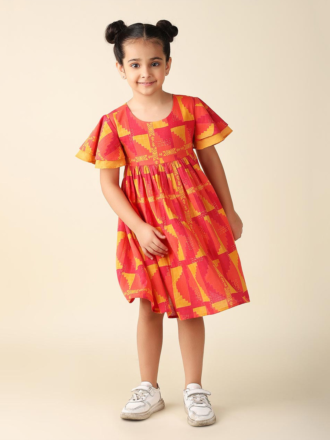 

Fabindia Girls Geometric Printed Flared Sleeves Gathered Cotton Empire Dress, Yellow