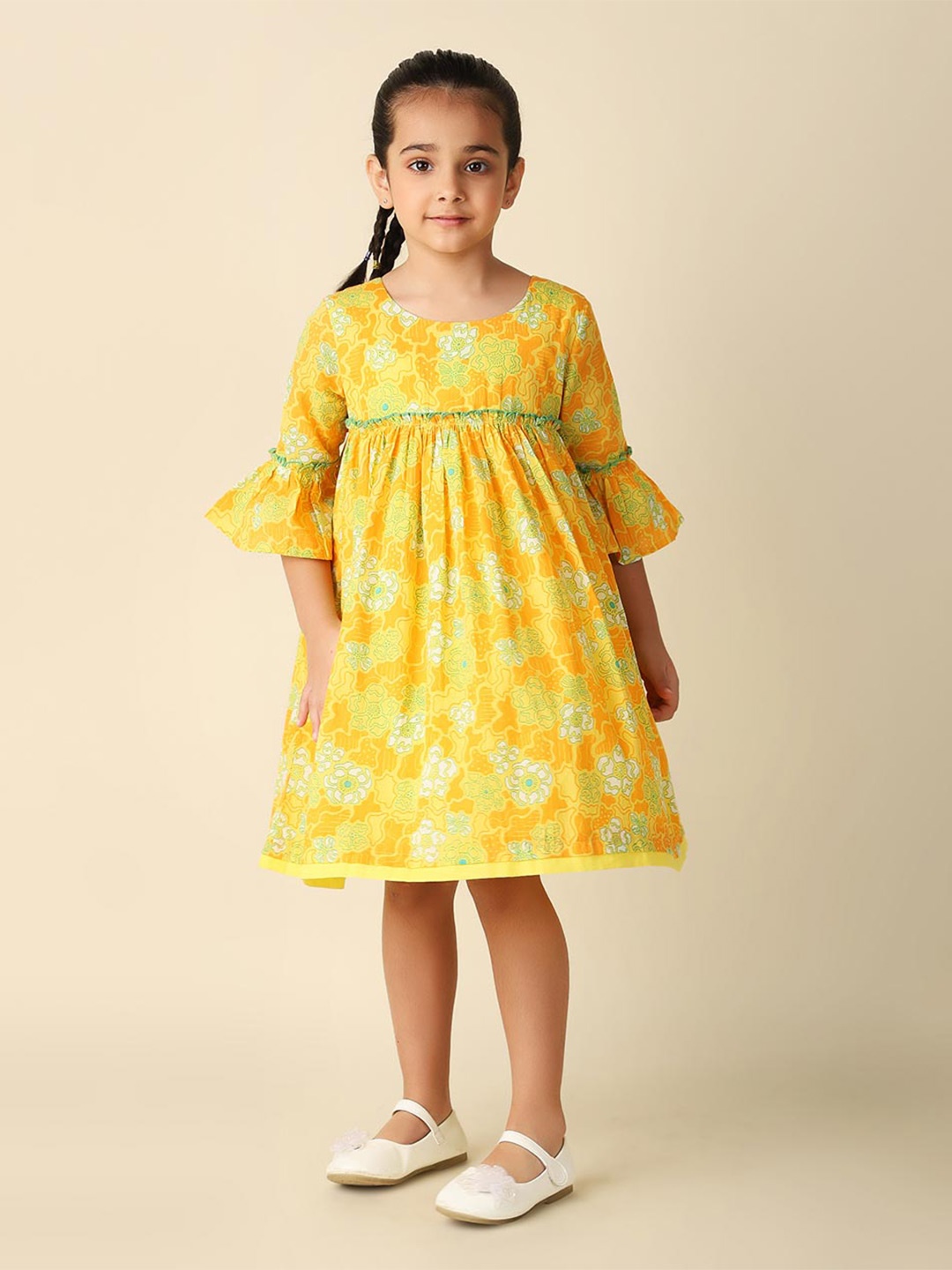 

Fabindia Girls Floral Printed Bell Sleeves Cotton A-Line Dress, Yellow