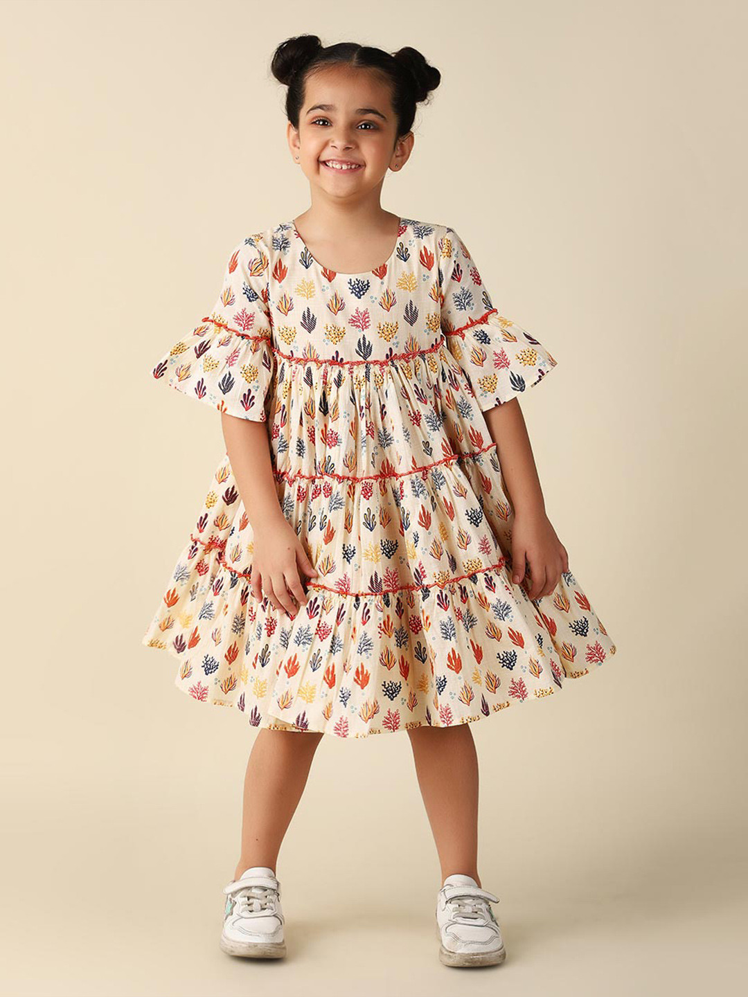 

Fabindia Girls Floral Printed Bell Sleeves Tiered Gathered Cotton A-Line Dress, Beige