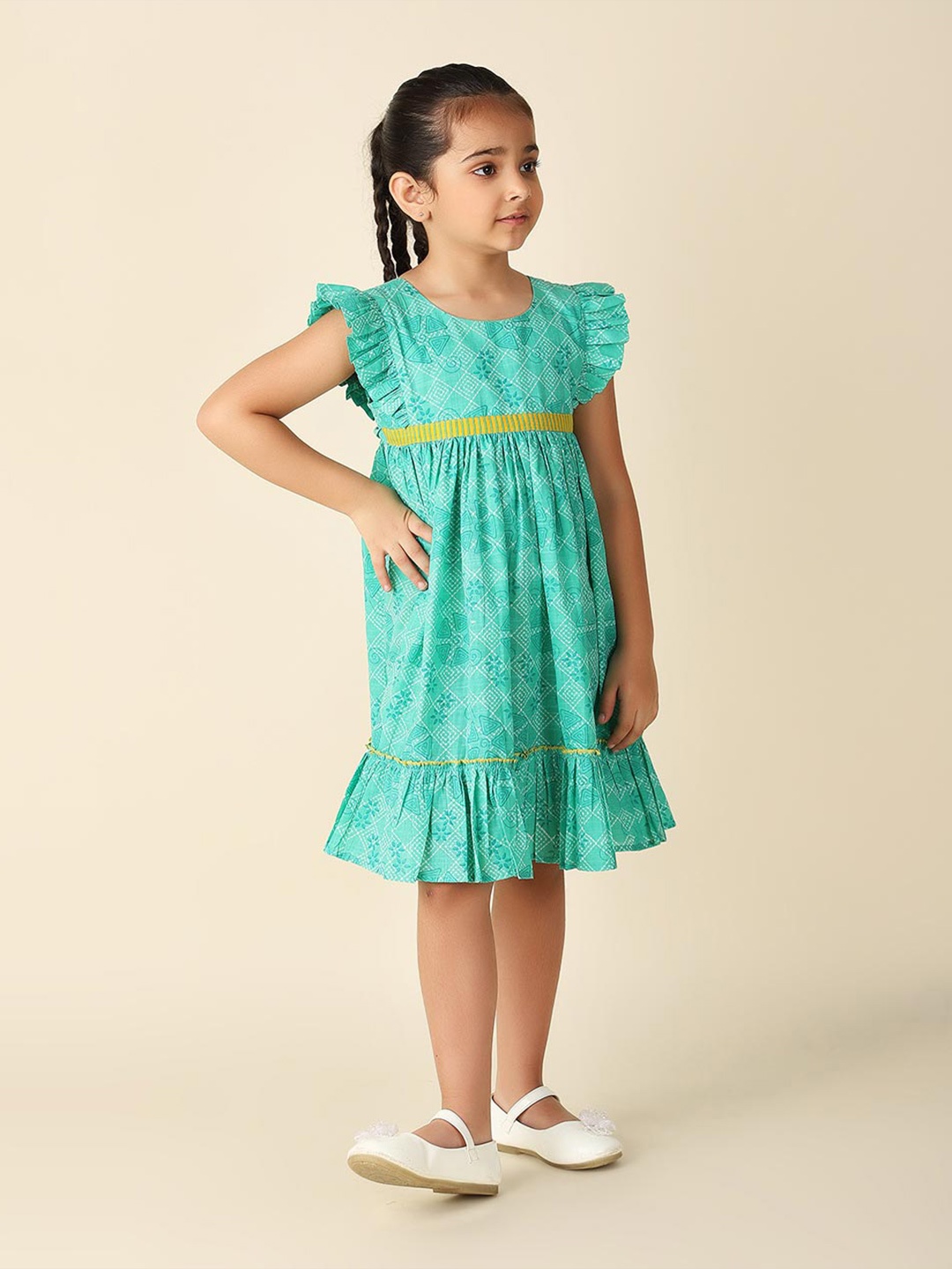 

Fabindia Girls Floral Printed Flutter Sleeves Gathered Cotton A-Line Dress, Green